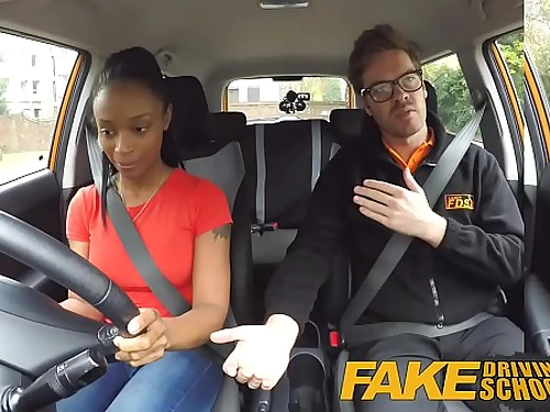 Faux Driving School ebony learner with big tits is worst driver yet