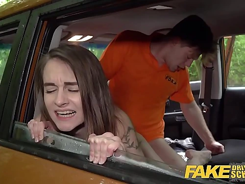 Fake Driving College Uber-cute teen dark-haired pussy spread