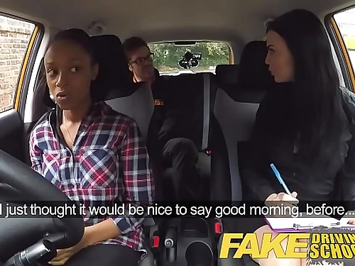 Fake Driving College big-chested black gal fails test with lesbian examiner