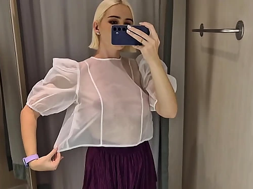 Let&#039;s attempt on translucent clothes, completely see-through. In the mall. watch me in the fitting bedroom